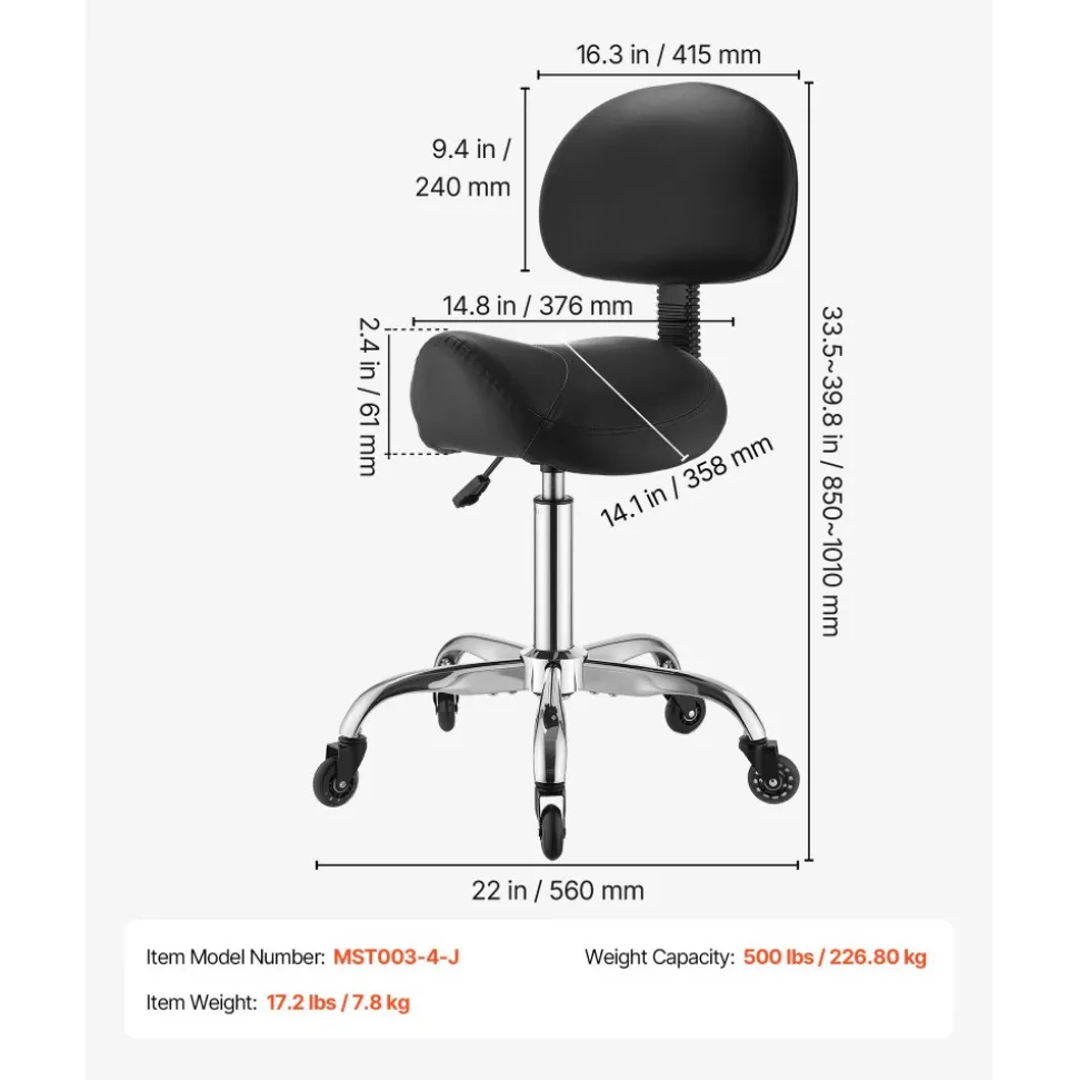 VEVOR Saddle Stool with Back Support, 500 lbs Weight Capacity, Height Adjustable, Quiet Casters, Ergonomic PU Leather Seat, 360° Swivel Saddle Stool Rolling Chair for Salon, Spa, Bar, Medical, Black