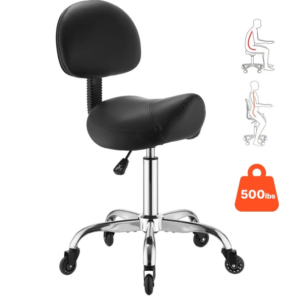 VEVOR Saddle Stool with Back Support, 500 lbs Weight Capacity, Height Adjustable, Quiet Casters, Ergonomic PU Leather Seat, 360° Swivel Saddle Stool Rolling Chair for Salon, Spa, Bar, Medical, Black