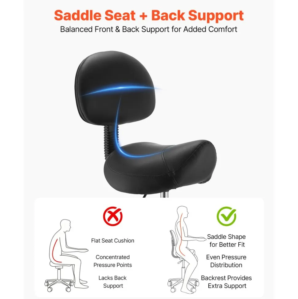 VEVOR Saddle Stool with Back Support, 500 lbs Weight Capacity, Height Adjustable, Quiet Casters, Ergonomic PU Leather Seat, 360° Swivel Saddle Stool Rolling Chair for Salon, Spa, Bar, Medical, Black