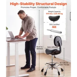 VEVOR Saddle Stool with Back Support Footrest, 500 lbs Weight Capacity, Height Adjustable, Quiet Casters, PU Leather Seat, 360° Swivel Saddle Stool Rolling Chair for Salon, Spa, Bar, Medical, Black