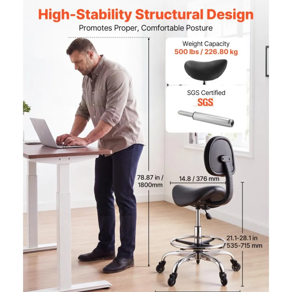 VEVOR Saddle Stool with Back Support Footrest, 500 lbs Weight Capacity, Height Adjustable, Quiet Casters, PU Leather Seat, 360° Swivel Saddle Stool Rolling Chair for Salon, Spa, Bar, Medical, Black