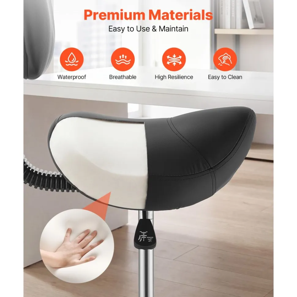 VEVOR Saddle Stool with Back Support Footrest, 500 lbs Weight Capacity, Height Adjustable, Quiet Casters, PU Leather Seat, 360° Swivel Saddle Stool Rolling Chair for Salon, Spa, Bar, Medical, Black