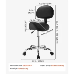 VEVOR Saddle Stool with Back Support, 500 lbs Weight Capacity, Height Adjustable, Ergonomic PU Leather Seat, 360° Swivel Saddle Stool Rolling Chair with Wheels for Salon, Spa, Bar, Medical, Black