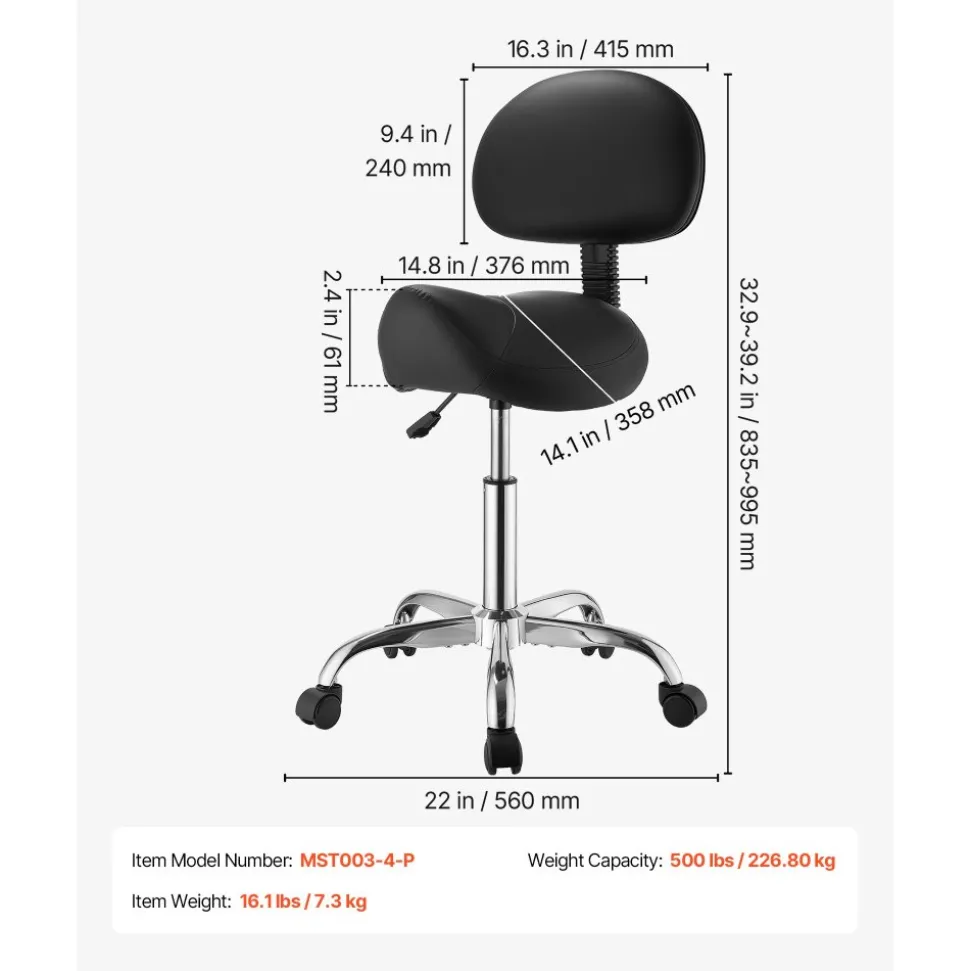 VEVOR Saddle Stool with Back Support, 500 lbs Weight Capacity, Height Adjustable, Ergonomic PU Leather Seat, 360° Swivel Saddle Stool Rolling Chair with Wheels for Salon, Spa, Bar, Medical, Black