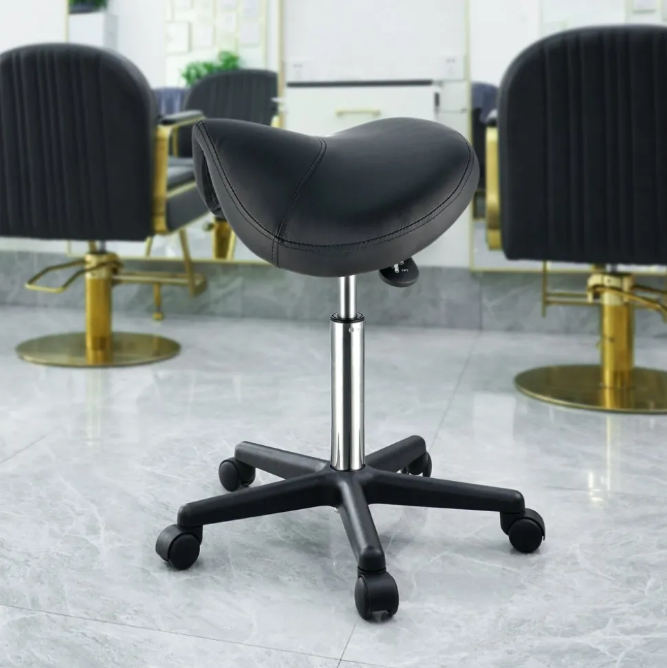 VEVOR Saddle Stool with Wheels, 400 LBS Weight Capacity, Height Adjustable Thickened PU Leather Swivel Saddle Stool Chair for Salon, Spa, Tattoo, Clinic, Black