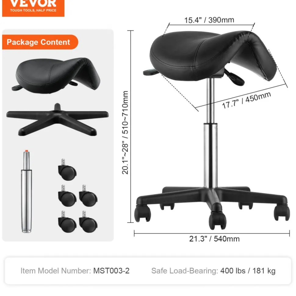 VEVOR Saddle Stool with Wheels, 400 LBS Weight Capacity, Height Adjustable Thickened PU Leather Swivel Saddle Stool Chair for Salon, Spa, Tattoo, Clinic, Black