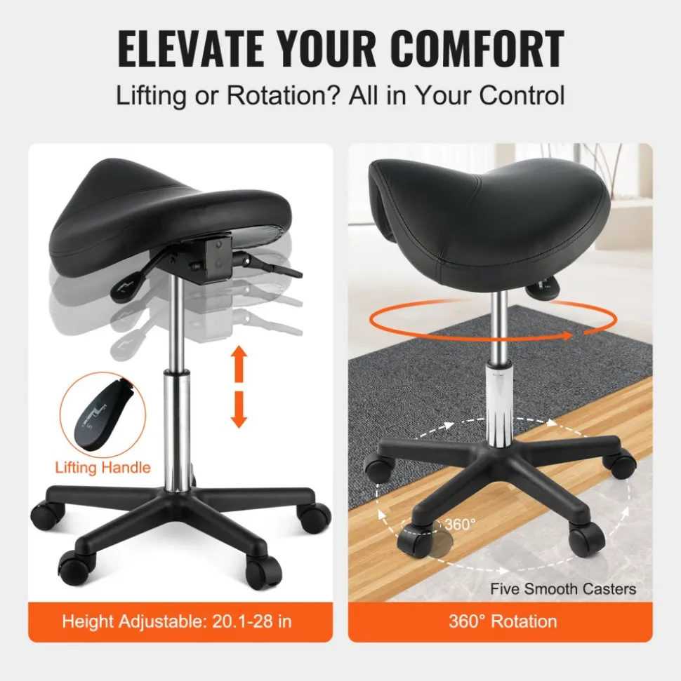 VEVOR Saddle Stool with Wheels, 400 LBS Weight Capacity, Height Adjustable Thickened PU Leather Swivel Saddle Stool Chair for Salon, Spa, Tattoo, Clinic, Black