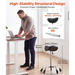 VEVOR Saddle Stool with Wheels, 500 lbs Weight Capacity, Height Adjustable, Quiet Casters, Ergonomic PU Leather Seat, 360° Swivel Saddle Stool Rolling Chair for Salon, Spa, Bar, Home, Medical, Black