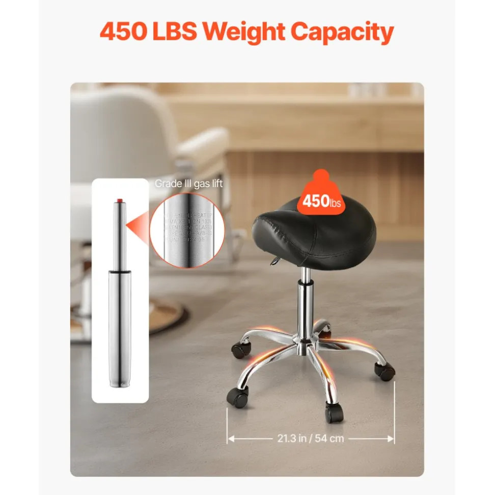 VEVOR Saddle Stool with Wheels, 450 LBS Weight Capacity Ergonomic Rolling Stool, Height Adjustable Thickened PU Leather Swivel Saddle Chair for Salon, Spa, Massage, Tattoo, Clinic, Black