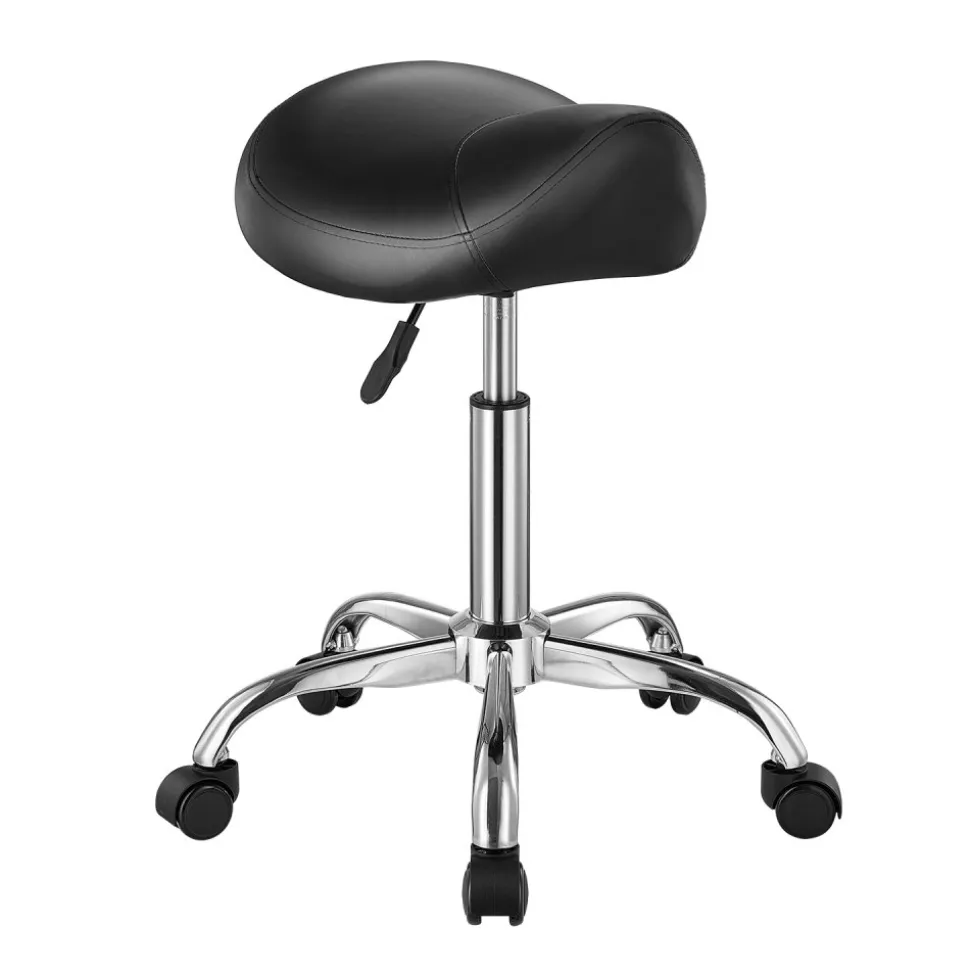 VEVOR Saddle Stool with Wheels, 450 LBS Weight Capacity Ergonomic Rolling Stool, Height Adjustable Thickened PU Leather Swivel Saddle Chair for Salon, Spa, Massage, Tattoo, Clinic, Black