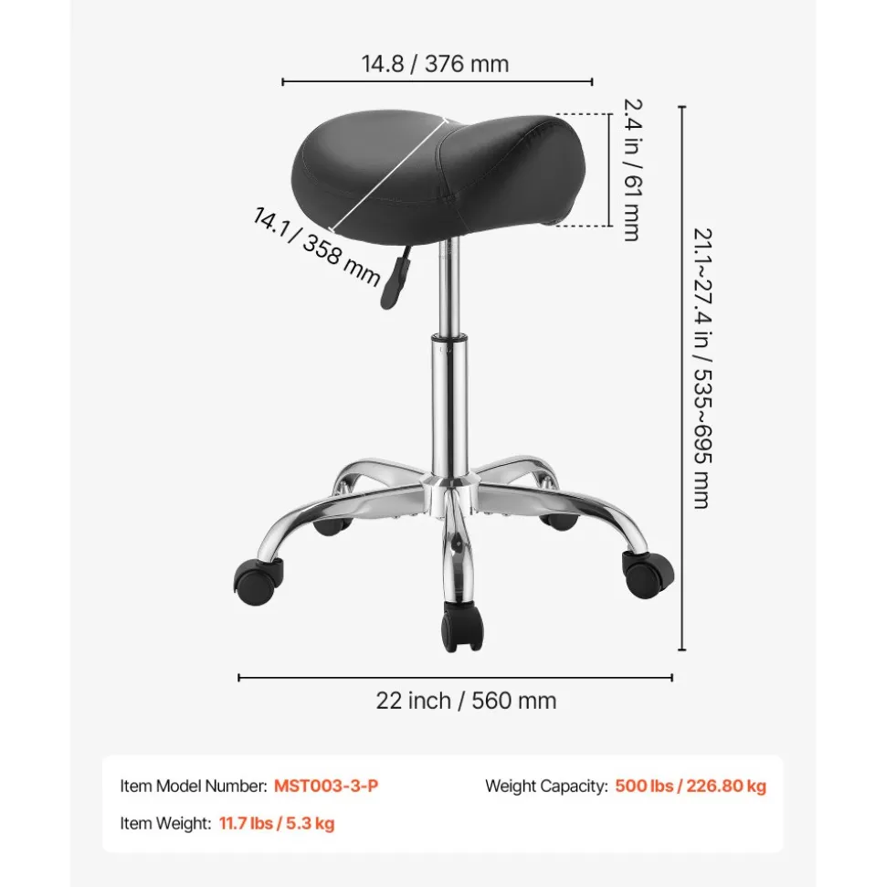 VEVOR Saddle Stool with Wheels, 500 lbs Weight Capacity, Height Adjustable, Ergonomic PU Leather Seat, 360° Swivel Saddle Stool Rolling Chair for Salon, Spa, Bar, Home, Medical, and Massage, Black