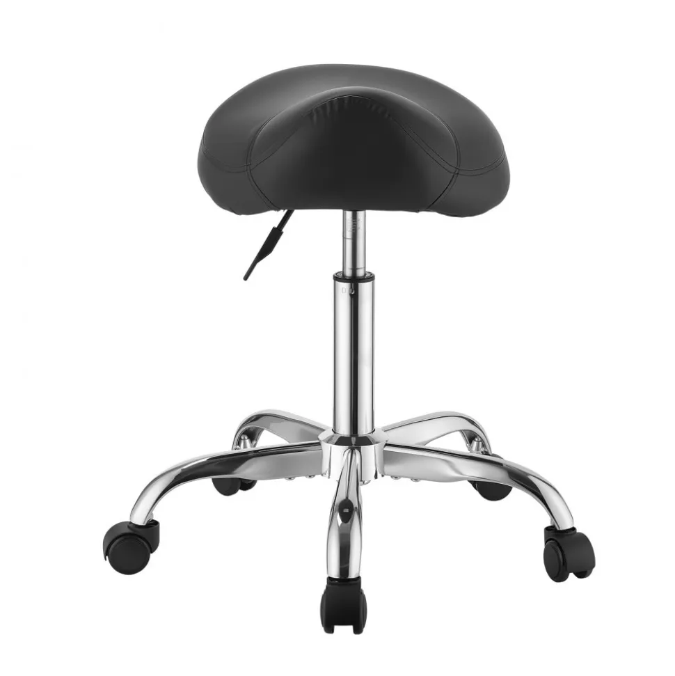 VEVOR Saddle Stool with Wheels, 500 lbs Weight Capacity, Height Adjustable, Ergonomic PU Leather Seat, 360° Swivel Saddle Stool Rolling Chair for Salon, Spa, Bar, Home, Medical, and Massage, Black