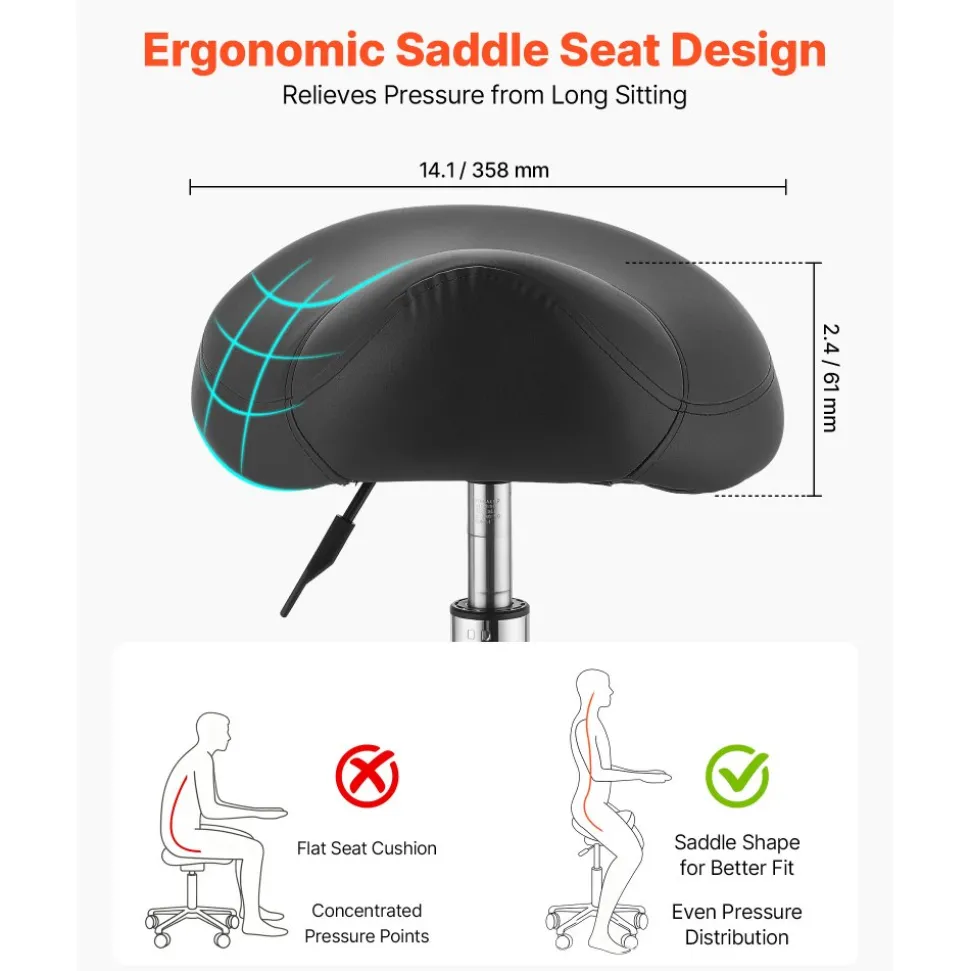 VEVOR Saddle Stool with Wheels, 500 lbs Weight Capacity, Height Adjustable, Ergonomic PU Leather Seat, 360° Swivel Saddle Stool Rolling Chair for Salon, Spa, Bar, Home, Medical, and Massage, Black