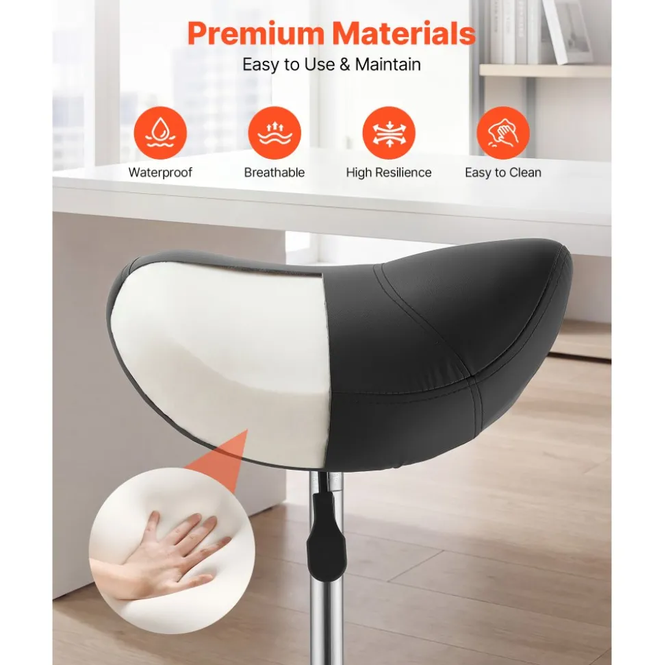 VEVOR Saddle Stool with Wheels, 500 lbs Weight Capacity, Height Adjustable, Ergonomic PU Leather Seat, 360° Swivel Saddle Stool Rolling Chair for Salon, Spa, Bar, Home, Medical, and Massage, Black