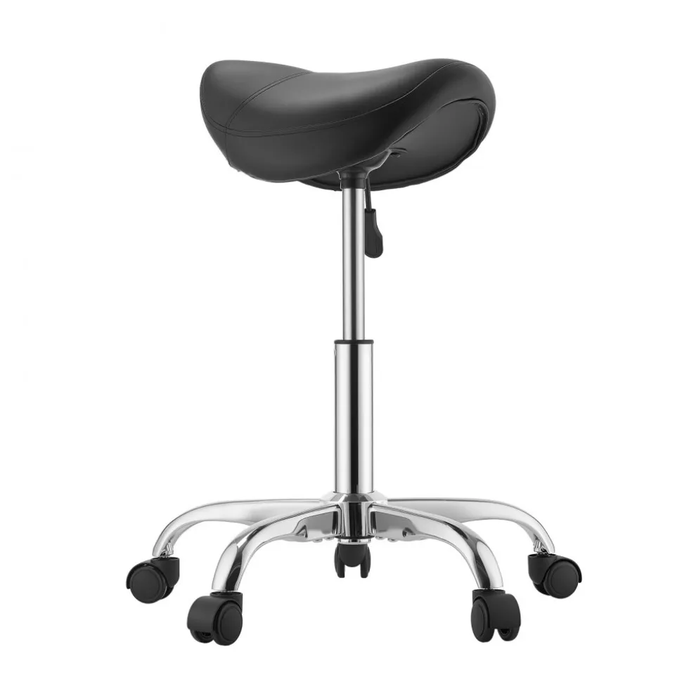 VEVOR Saddle Stool with Wheels, 500 lbs Weight Capacity, Height Adjustable, Ergonomic PU Leather Seat, 360° Swivel Saddle Stool Rolling Chair for Salon, Spa, Bar, Home, Medical, and Massage, Black