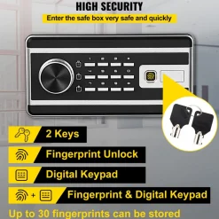 VEVOR Safe Box, 0.8 CU.FT Fingerprint Safe Box for Money with 2 Keys & Digital Keypad, Q235 Steel Safe Box for Storing Cash, Jewelry, Pistols, Documents, Watches in Home & Office & Hotel