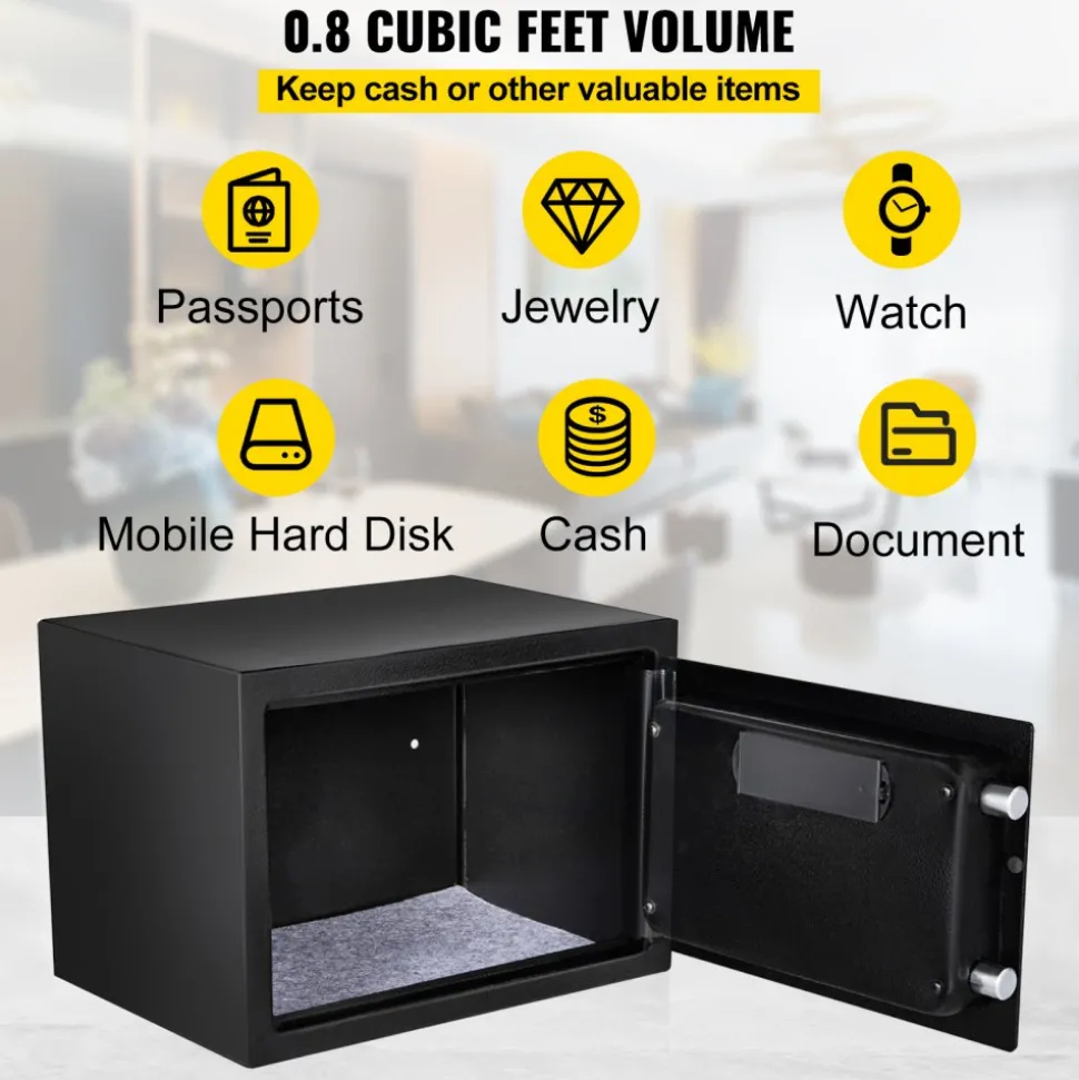 VEVOR Safe Box, 0.8 CU.FT Fingerprint Safe Box for Money with 2 Keys & Digital Keypad, Q235 Steel Safe Box for Storing Cash, Jewelry, Pistols, Documents, Watches in Home & Office & Hotel