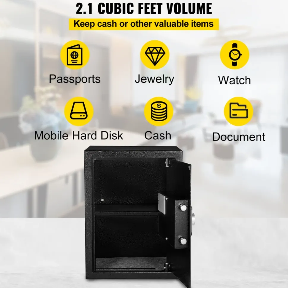 VEVOR Safe Box, 2.1 CU.FT Fingerprint Safe Box for Money with 2 Keys & Digital Keypad, Q235 Steel Safe Box for Storing Cash, Jewelry, Pistols, Documents, Watches in Home & Office & Hotel