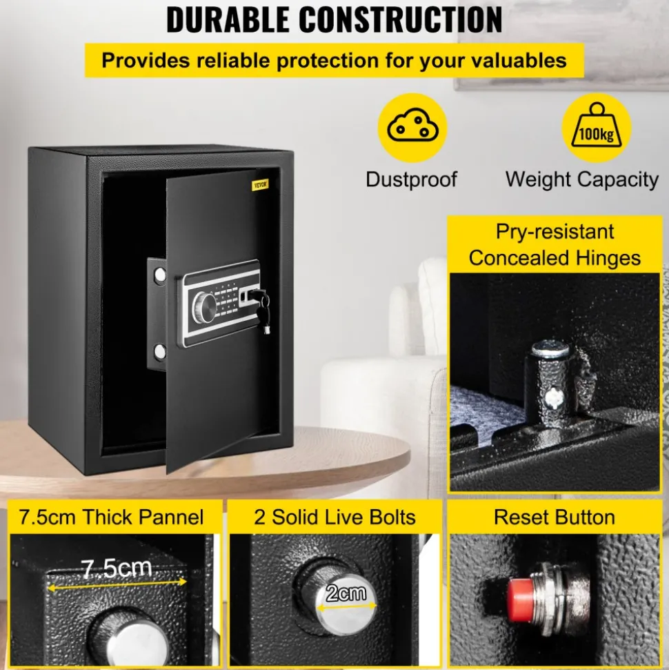 VEVOR Safe Box, 2.1 CU.FT Fingerprint Safe Box for Money with 2 Keys & Digital Keypad, Q235 Steel Safe Box for Storing Cash, Jewelry, Pistols, Documents, Watches in Home & Office & Hotel