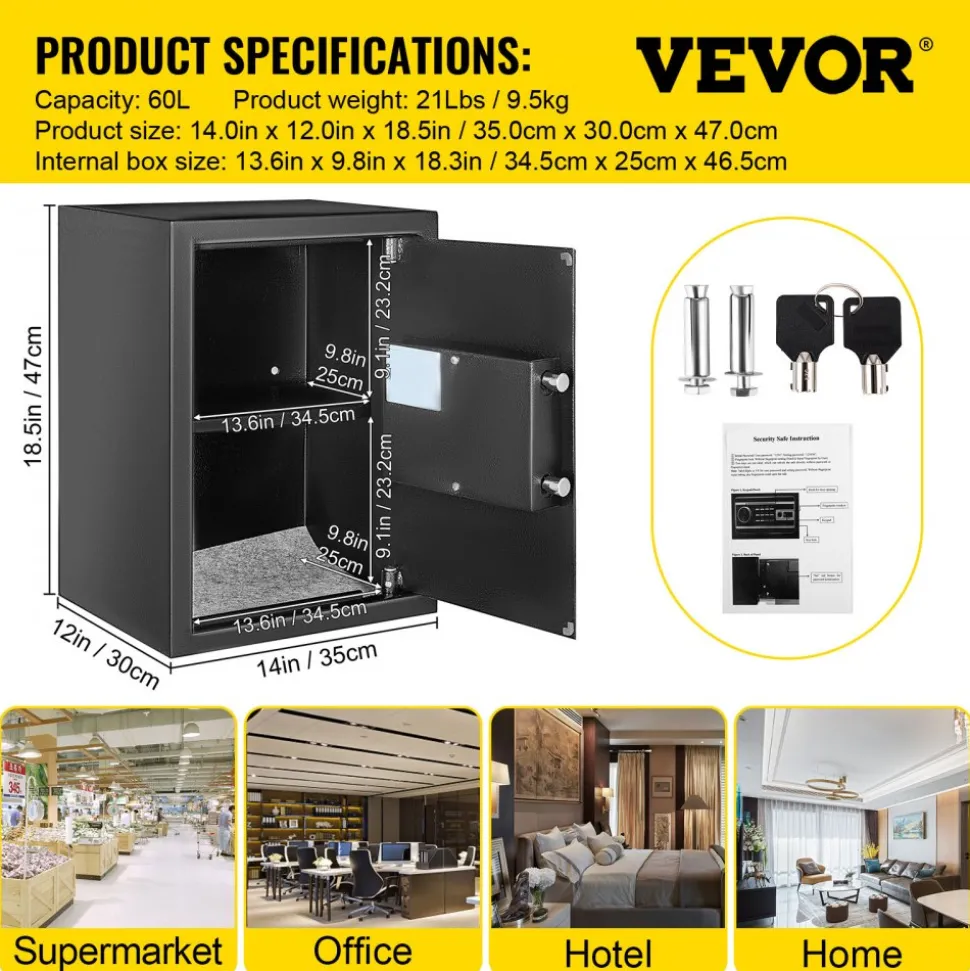 VEVOR Safe Box, 2.1 CU.FT Fingerprint Safe Box for Money with 2 Keys & Digital Keypad, Q235 Steel Safe Box for Storing Cash, Jewelry, Pistols, Documents, Watches in Home & Office & Hotel