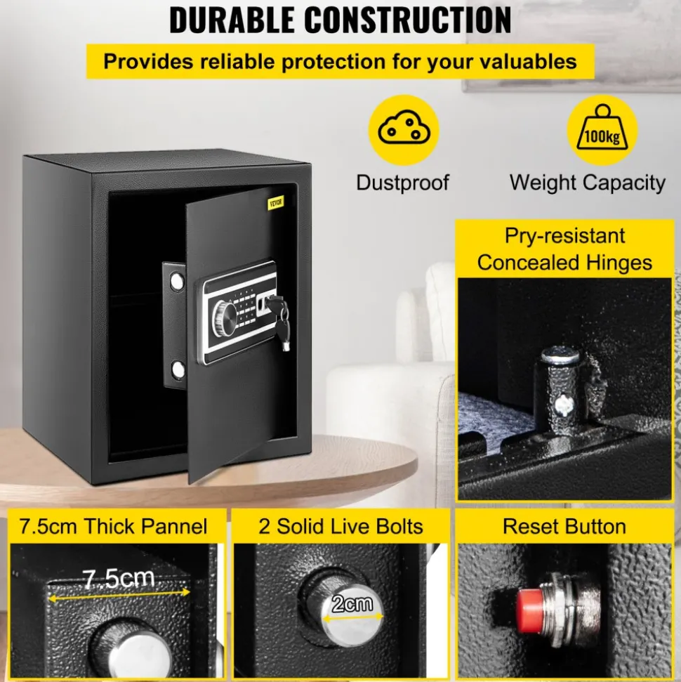 VEVOR Safe Box, 1.7 CU.FT Fingerprint Safe Box for Money with 2 Keys & Digital Keypad, Q235 Steel Safe Box for Storing Cash, Jewelry, Pistols, Documents, Watches in Home & Office & Hotel