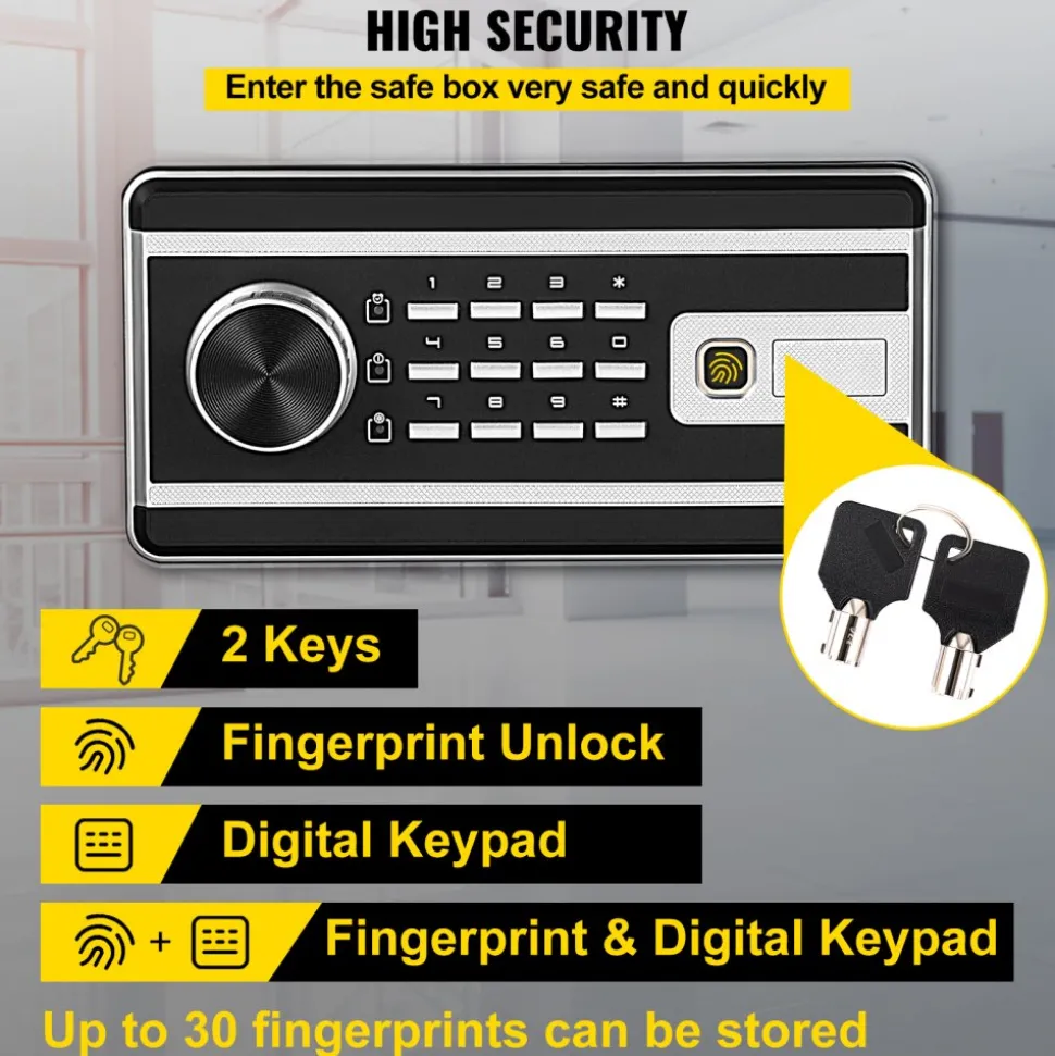 VEVOR Safe Box, 1.7 CU.FT Fingerprint Safe Box for Money with 2 Keys & Digital Keypad, Q235 Steel Safe Box for Storing Cash, Jewelry, Pistols, Documents, Watches in Home & Office & Hotel