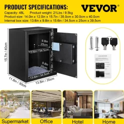 VEVOR Safe Box, 1.7 CU.FT Fingerprint Safe Box for Money with 2 Keys & Digital Keypad, Q235 Steel Safe Box for Storing Cash, Jewelry, Pistols, Documents, Watches in Home & Office & Hotel