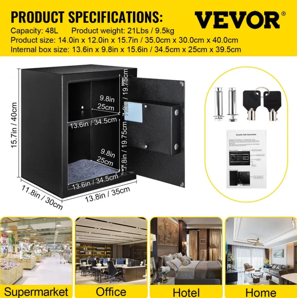 VEVOR Safe Box, 1.7 CU.FT Fingerprint Safe Box for Money with 2 Keys & Digital Keypad, Q235 Steel Safe Box for Storing Cash, Jewelry, Pistols, Documents, Watches in Home & Office & Hotel