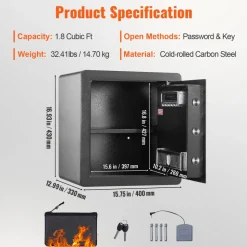 VEVOR Safe, 1.8 Cubic Feet Home Safe, Steel Security Safe with Digital Keypad and 2 Keys, Cabinet Safe with Fire-proof Bag, Protect Cash, Gold, Jewelry, Documents for Home, Hotel, 15.8x13x16.9 inches