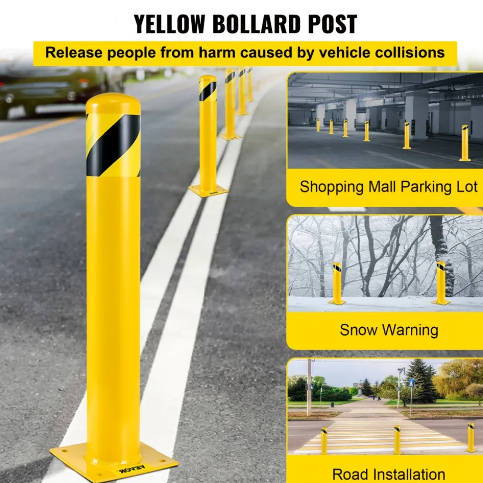 VEVOR Safety Bollard, 48 Inch Height Bollard Post, 5.5 Inch Diameter Steel Pipe Safety Bollard Post, Yellow Steel Bollard, Steel Safety Bollard with 8 Anchor Bolts, Perfect for Traffic-Sensitive Area