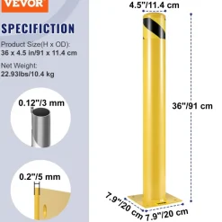 VEVOR Safety Bollard, 36 Inch Height Bollard Post, 4.5 Inch Diameter Steel Pipe Safety Bollard Post, Yellow Steel Bollard, Steel Safety Bollard with 8 Anchor Bolts, Perfect for Traffic-Sensitive Area