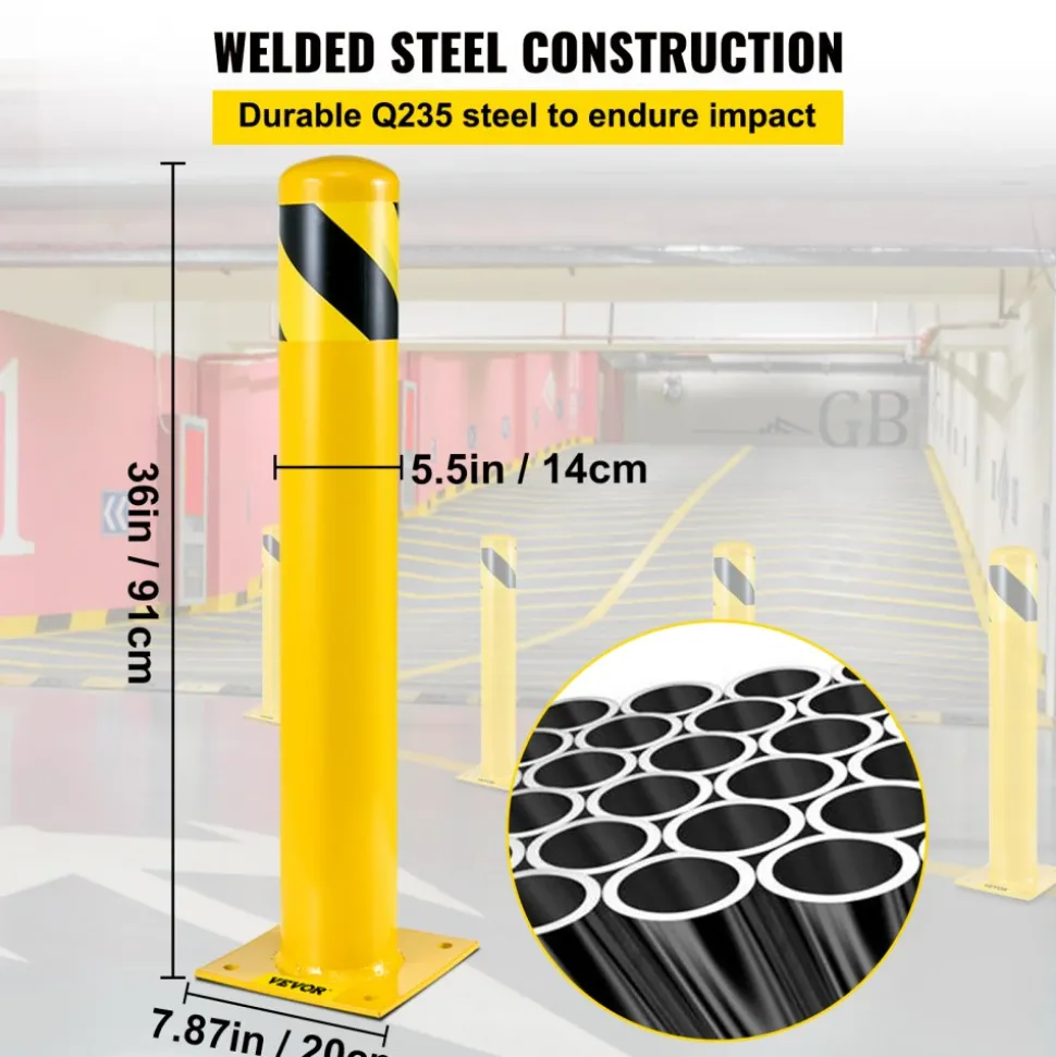 VEVOR Safety Bollard, 36 Inch Height Bollard Post, 5.5 Inch Diameter Steel Pipe Safety Bollard Post, Yellow Steel Bollard, Steel Safety Bollard with 8 Anchor Bolts, Perfect for Traffic-Sensitive Area