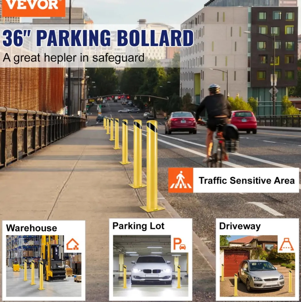 VEVOR Safety Bollard Safety Barrier Bollard 4-1/2" OD 36" Height Yellow Powder Coat Pipe Steel Safety Barrier with 4 Free Anchor Bolts for Traffic-Sensitive Area