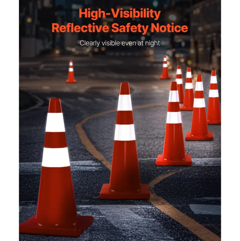 VEVOR Safety Cones, 28 in/73 cm Height, 12 PCS PVC Orange Traffic Cone with 2 Reflective Collars and Weighted Base, Used for Traffic Control, Driveway Road Parking and School Improvement