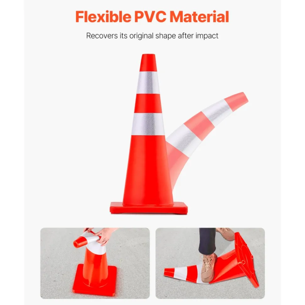 VEVOR Safety Cones, 28 in/73 cm Height, 12 PCS PVC Orange Traffic Cone with 2 Reflective Collars and Weighted Base, Used for Traffic Control, Driveway Road Parking and School Improvement