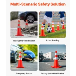 VEVOR Safety Cones, 28 in/73 cm Height, 12 PCS PVC Orange Traffic Cone with 2 Reflective Collars and Weighted Base, Used for Traffic Control, Driveway Road Parking and School Improvement