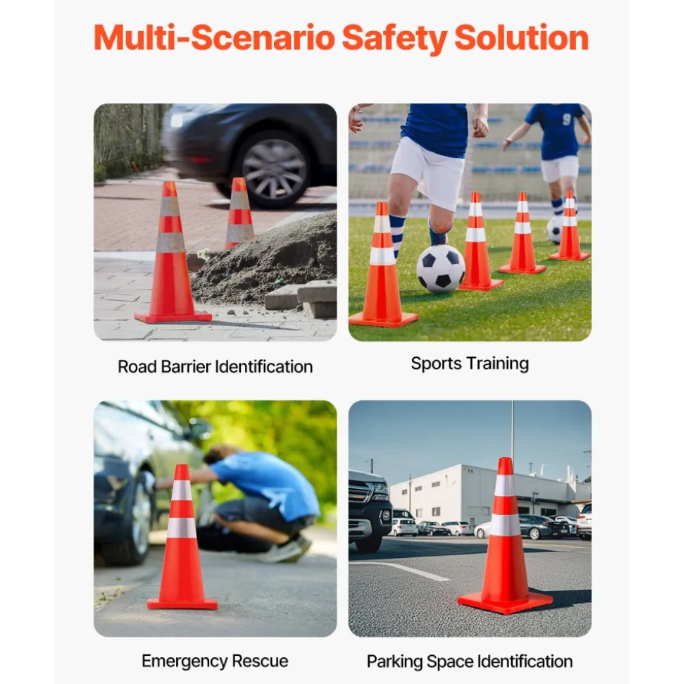VEVOR Safety Cones, 28 in/73 cm Height, 12 PCS PVC Orange Traffic Cone with 2 Reflective Collars and Weighted Base, Used for Traffic Control, Driveway Road Parking and School Improvement