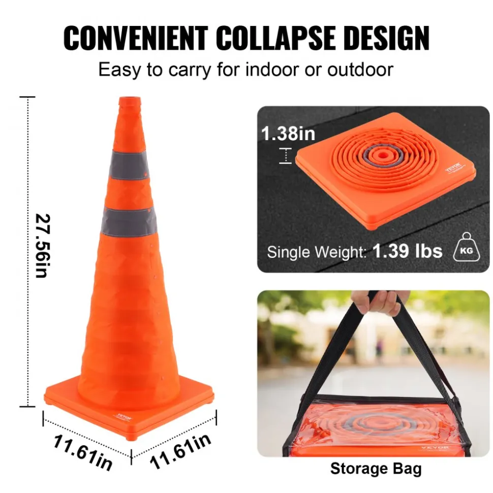 VEVOR Safety Cones, 4 Pack 28 inch Collapsible Traffic Cones, Construction Cones with Reflective Collars, Wide Base and A Storage Bag, for Traffic Control, Driving Training, Parking Lots