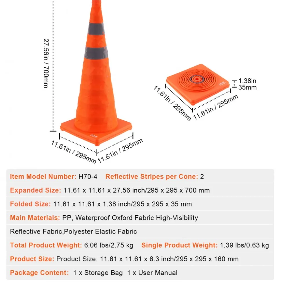 VEVOR Safety Cones, 4 Pack 28 inch Collapsible Traffic Cones, Construction Cones with Reflective Collars, Wide Base and A Storage Bag, for Traffic Control, Driving Training, Parking Lots