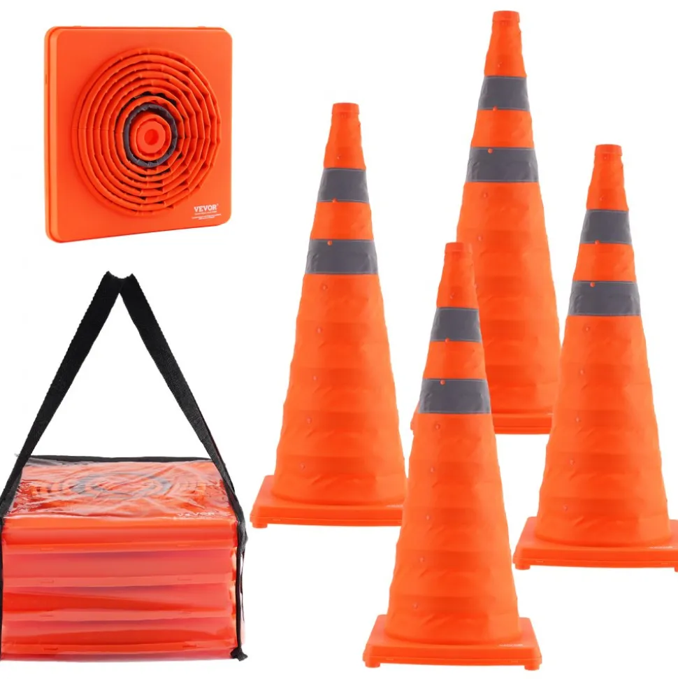 VEVOR Safety Cones, 4 Pack 28 inch Collapsible Traffic Cones, Construction Cones with Reflective Collars, Wide Base and A Storage Bag, for Traffic Control, Driving Training, Parking Lots