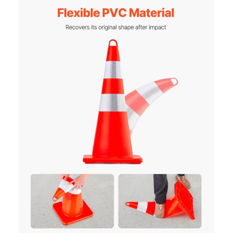 VEVOR Safety Cones, 10PCS 28" Traffic Cones, PVC Orange Construction Cones, 2 Reflective Collars Traffic Cones with Weighted Base and Hand-Held Ring Used for Traffic Control, Driveway Road Parking