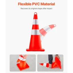 VEVOR Safety Cones, 12 x 28" Traffic Cones, PVC Orange Construction Cones, 2 Reflective Collars Traffic Cones with Weighted Base and Hand-Held Ring Used for Traffic Control, Driveway Road Parking