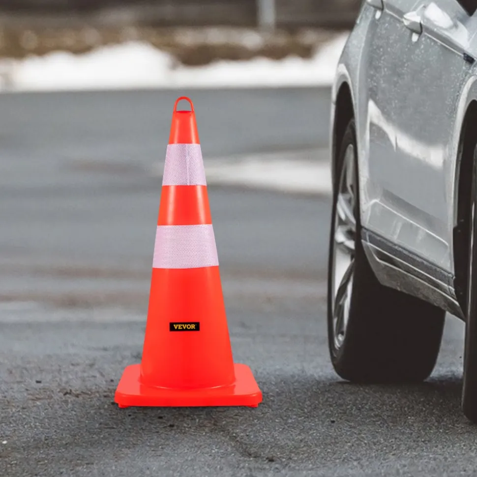 VEVOR Safety Cones, 12 x 28" Traffic Cones, PVC Orange Construction Cones, 2 Reflective Collars Traffic Cones with Weighted Base and Hand-Held Ring Used for Traffic Control, Driveway Road Parking