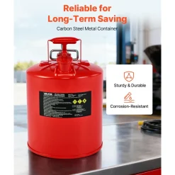 VEVOR Safety Gas Can, 5 Gallon Type II Red Safety Can for Gasoline with Stainless Steel Flame Arrester, Self-Closing Lid & Flexible Metal Spout, Carbon Steel Flammable Storage with Ergonomic Handle