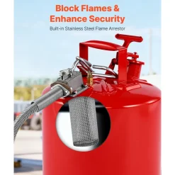 VEVOR Safety Gas Can, 5 Gallon Type II Red Safety Can for Gasoline with Stainless Steel Flame Arrester, Self-Closing Lid & Flexible Metal Spout, Carbon Steel Flammable Storage with Ergonomic Handle