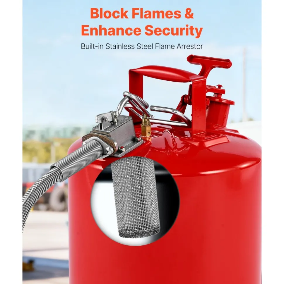 VEVOR Safety Gas Can, 5 Gallon Type II Red Safety Can for Gasoline with Stainless Steel Flame Arrester, Self-Closing Lid & Flexible Metal Spout, Carbon Steel Flammable Storage with Ergonomic Handle