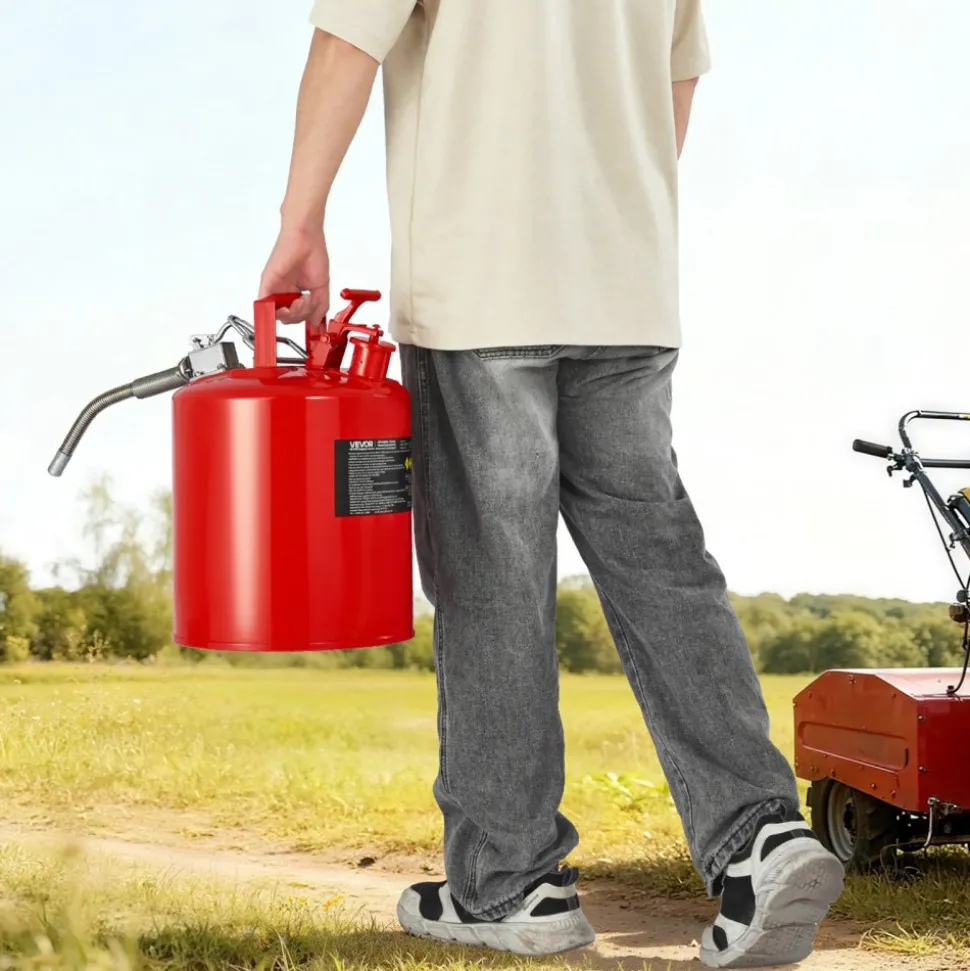 VEVOR Safety Gas Can, 5 Gallon Type II Red Safety Can for Gasoline with Stainless Steel Flame Arrester, Self-Closing Lid & Flexible Metal Spout, Carbon Steel Flammable Storage with Ergonomic Handle
