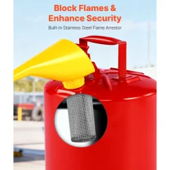 VEVOR Safety Gas Can, 5 Gallon Type I Red Safety Can for Gasoline with Stainless Steel Flame Arrester, Self-Closing Lid, and PE Funnel, Carbon Steel Flammable Storage Container with Ergonomic Handle
