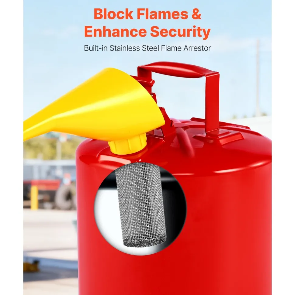 VEVOR Safety Gas Can, 5 Gallon Type I Red Safety Can for Gasoline with Stainless Steel Flame Arrester, Self-Closing Lid, and PE Funnel, Carbon Steel Flammable Storage Container with Ergonomic Handle