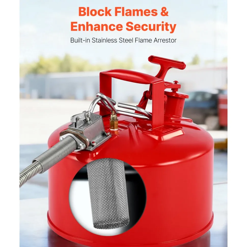 VEVOR Safety Gas Can, 2.5 Gallon Type II Red Safety Can for Gasoline with Stainless Steel Flame Arrester, Self-Closing Lid & Flexible Metal Spout, Carbon Steel Flammable Storage with Ergonomic Handle